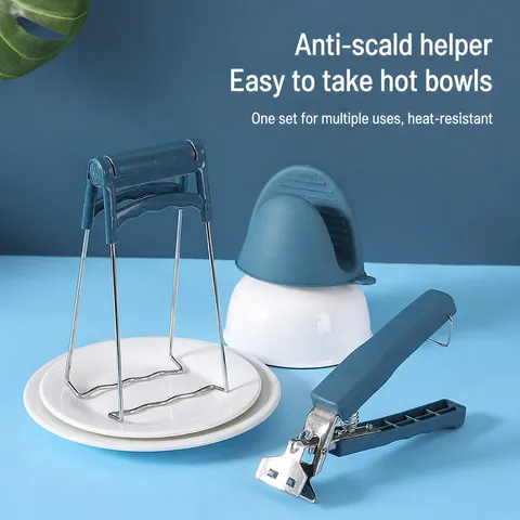 Stainless Steel Silicone Anti Scald Bowl Plate Lifter Kitchen Anti Slip Hot Dish Gripper Clamp Heat Resistant Tool