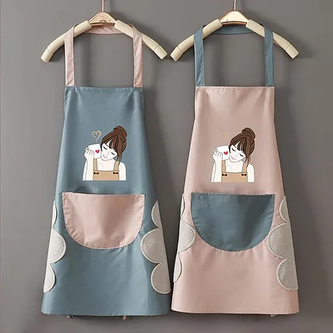 Waterproof Oil Proof Kitchen Apron Polyester Cute Cartoon Rabbit Deer Print With Wipeable Hand Towels Cooking Chef Apron