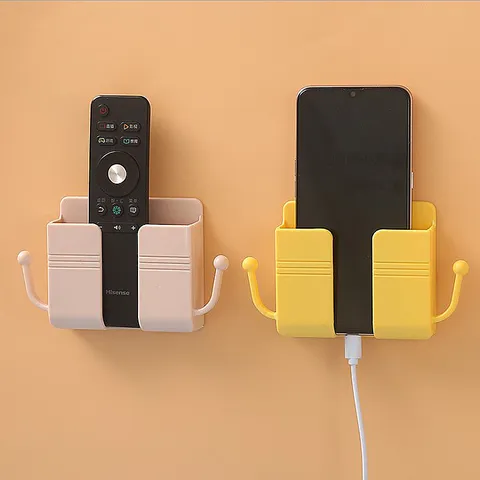 Wall Mounted Mobile Phone Charging Stand ABS Adhesive Storage Box Holder With Double Hooks