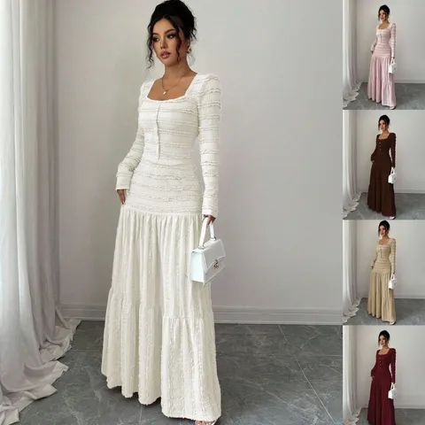 Women Long Sleeve Maxi Dress Casual Solid Color Square Neck Single-Breasted Ruffle Pleated Elegant Long Dress