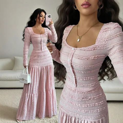 Women Long Sleeve Maxi Dress Casual Solid Color Square Neck Single-Breasted Ruffle Pleated Elegant Long Dress