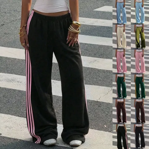 Women Y2K Retro High Waist Elastic Draping Casual Pants Loose Straight Wide Leg Trousers With Side Stripes Streetwear