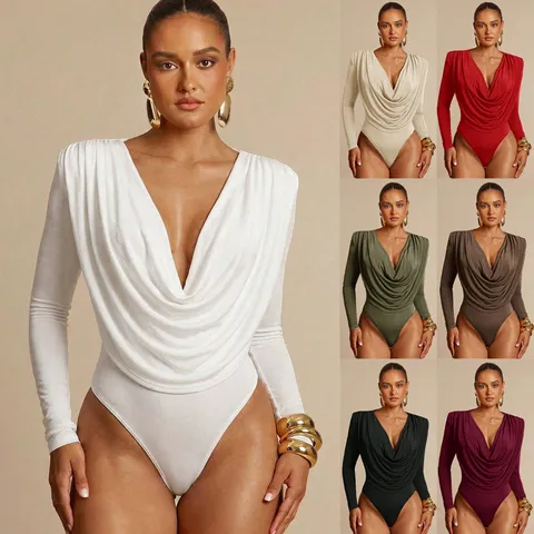 Women Long Sleeve Draped V Neck Bodysuit Slim Fit Solid Color Pleated Sexy Bodysuit Clubwear Romper