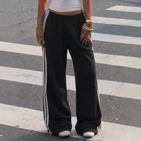 Women Y2K Retro High Waist Elastic Draping Casual Pants Loose Straight Wide Leg Trousers With Side Stripes Streetwear