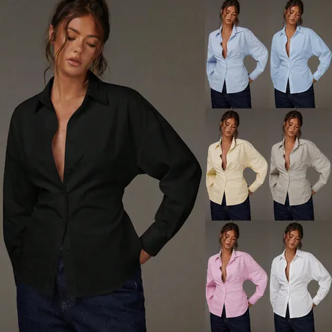 Camicetta da Donna Francese con Vita Arricciata Risvolto Scollo a V Aperto Davanti Manica Lunga Casual Larga Tinta Unita A Righe Top