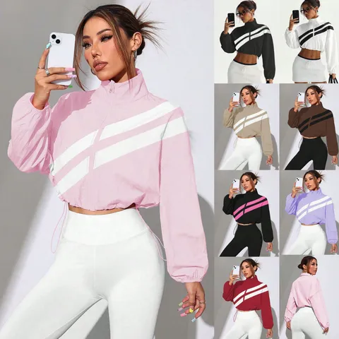 Women's Casual Colorblock Striped Stand Collar Short Zip Up Sun Protection Jacket Long Sleeve Fashion Outerwear