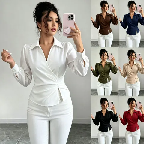 Women's French Lapel V-Neck Wrap Waist Tie Long Lantern Sleeve Blouse Casual Solid Color Oversized Shirt Top