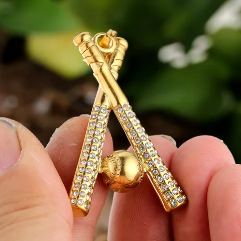 Hip Hop Stainless Steel Baseball Bat And Ball Pendant Necklace For Men Women Gold Silver Plated Rhinestone Sports Jewelry Pendant Only Without Chain