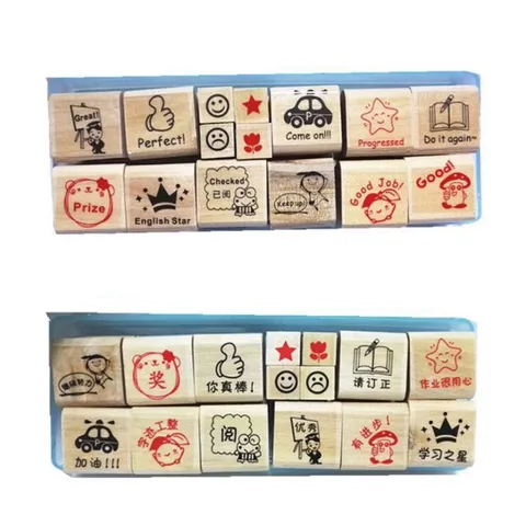 Creative Teacher Praise Encouragement Stamp Set Cute Cartoon Wood Stamps
