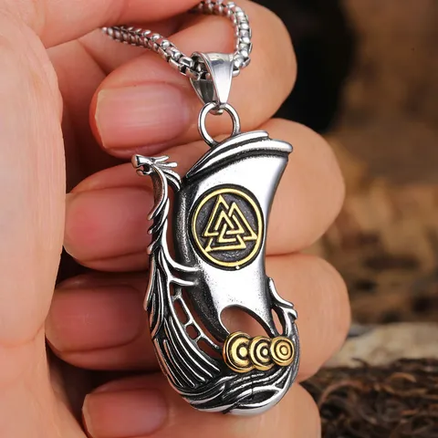 Vintage 316 Stainless Steel Viking Sailboat Pendant Two Tone Nordic Rune Without Chain