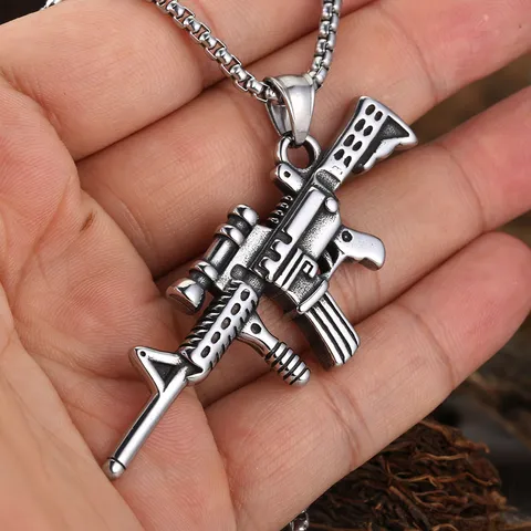 Punk Rock Stainless Steel Assault Rifle Pendant Men Vintage Hip Hop Military Style Jewelry Necklace Pendant Only