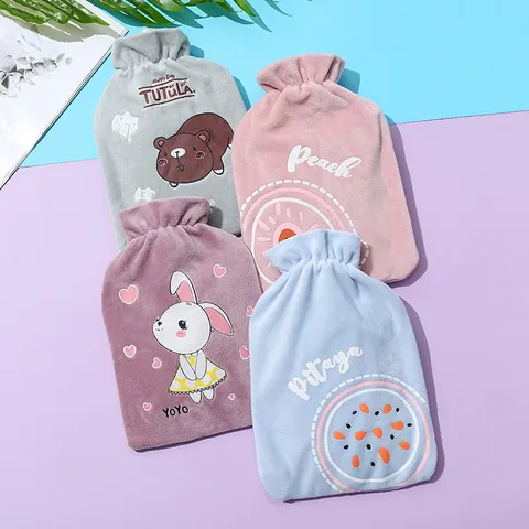 Cute Cartoon Flannel Hot Water Bag Thickened Hand Warmer Drawstring Warm Water Pouch Portable PVC Water Injection Bag