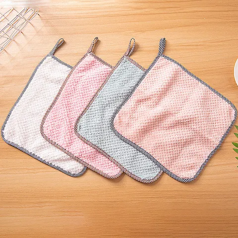 Hanging Coral Fleece Cleaning Cloth Absorbent Dishcloth Kitchen Rag Microfiber Checkered Dish Towel For Daily Home Cleaning