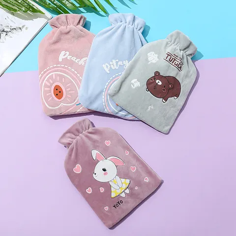 Cute Cartoon Flannel Hot Water Bag Thickened Hand Warmer Drawstring Warm Water Pouch Portable PVC Water Injection Bag