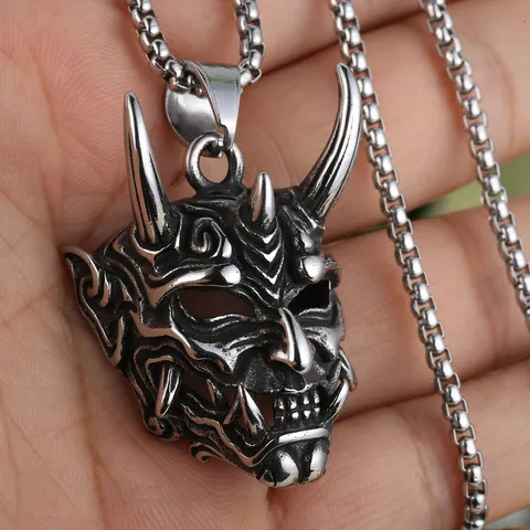 Vintage Gothic Ghost Mask Pendant Stainless Steel Retro Hannya Demon Skull Necklace Accessory Men Jewelry