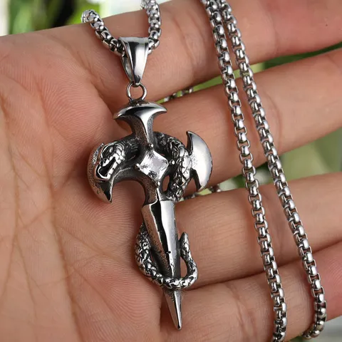 316 Stainless Steel Cross Snake Sword Pendant For Men Vintage Gothic Necklace Pendant Only Rhinestone Fashion Jewelry