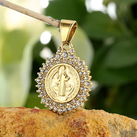 Stainless Steel Religious Saint Benedict Medal Pendant Necklace Rhinestone Gold Plated Charm Fashion Jewelry For Women