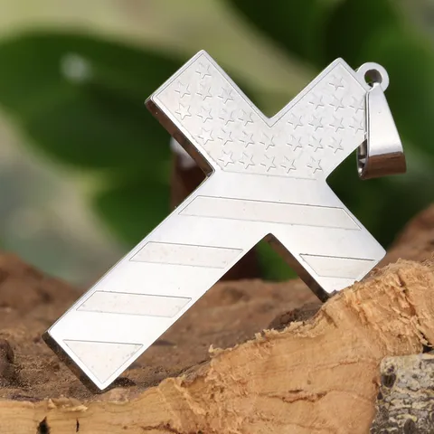 Edelstahl Kreuz Anhänger Halskette US Flagge Sterne Streifen Grafik Gravur Western Cool Trendiger Schmuck Geschenk Herren Damen Charm