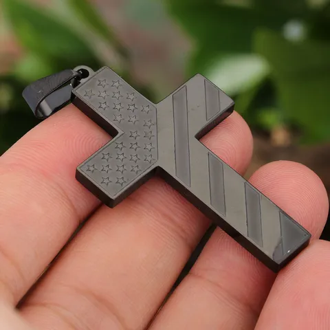 Edelstahl Kreuz Anhänger Halskette US Flagge Sterne Streifen Grafik Gravur Western Cool Trendiger Schmuck Geschenk Herren Damen Charm