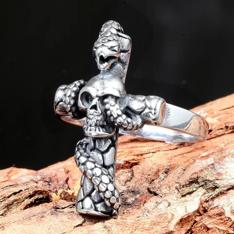 Gotisch 304 Roestvrij Staal Schedel Slang Kruis Ring Voor Heren Vintage Punk Geteisterd Heavy Metal Band Biker Vingersieraden Cadeau