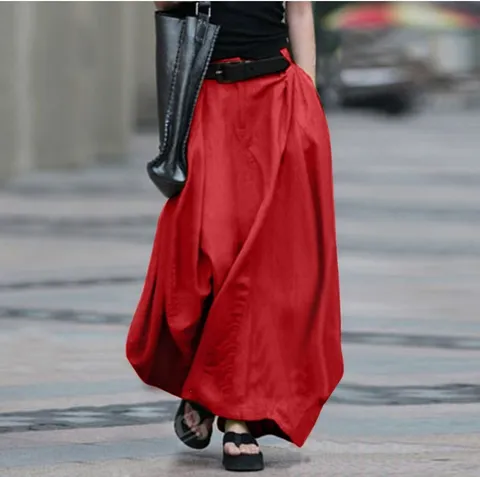 Jupe Maxi Élégante pour Femmes Taille Haute Trapèze Large Amplitude Mélange de Coton et Lin Couleur Unie Jupe Longue Avec Poches pour le Quotidien