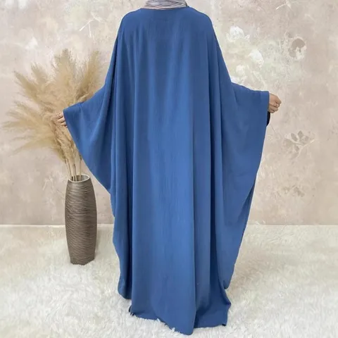 Women Casual Solid Color Maxi Dress Loose Batwing Sleeve V Neck Retro Modest Abaya Style Polyester Long Dress For Women Daily