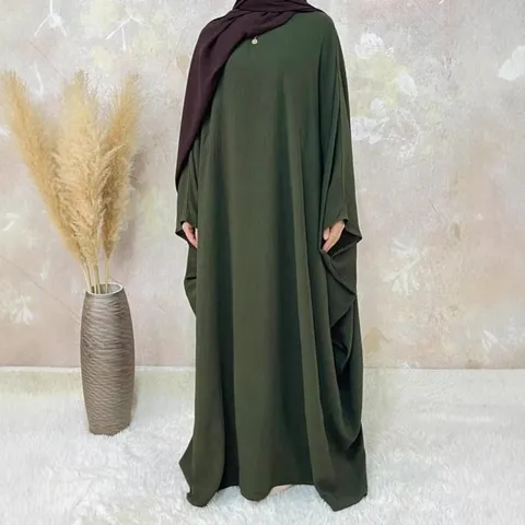 Women Casual Solid Color Maxi Dress Loose Batwing Sleeve V Neck Retro Modest Abaya Style Polyester Long Dress For Women Daily