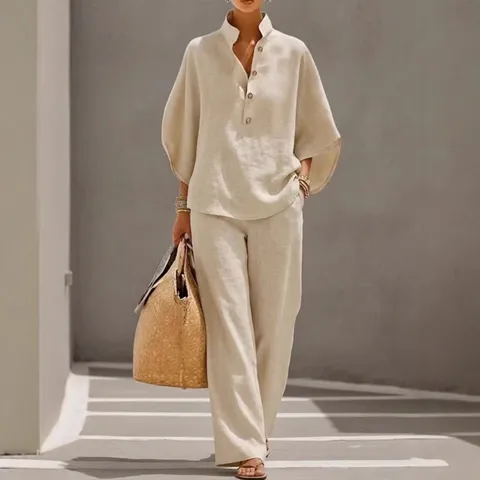Γυναικείο Casual Σετ από Πολυεστέρα και Σπάντεξ Top And Bottom Μπλούζα με Πέτο και Κουμπιά και Φαρδύ Παντελόνι Loungewear