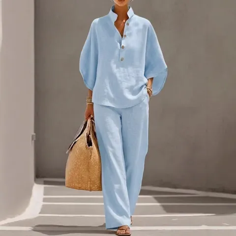 Γυναικείο Casual Σετ από Πολυεστέρα και Σπάντεξ Top And Bottom Μπλούζα με Πέτο και Κουμπιά και Φαρδύ Παντελόνι Loungewear