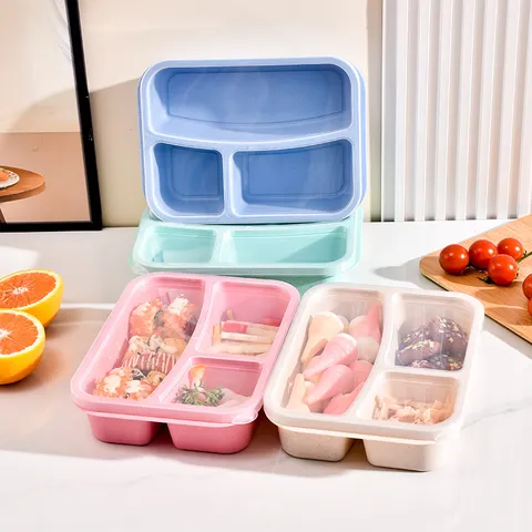 Weizenstroh Bento Box 3 Fächer Lunchbox Mit Deckel Quadratisch Tragbarer Lebensmittelbehälter Für Schule Büro Erwachsene