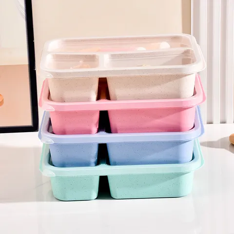 Weizenstroh Bento Box 3 Fächer Lunchbox Mit Deckel Quadratisch Tragbarer Lebensmittelbehälter Für Schule Büro Erwachsene