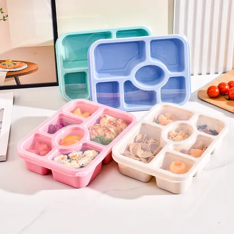 Wheat Straw Bento Box 6 Compartment Divided Lunch Box With Transparent Lid Food Storage Container For School Office Picnic