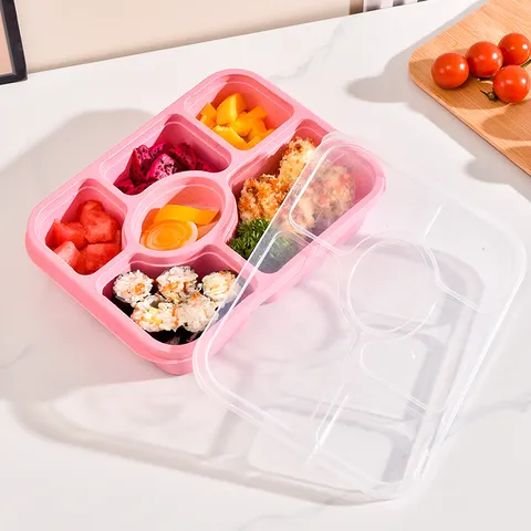 Wheat Straw Bento Box 6 Compartment Divided Lunch Box With Transparent Lid Food Storage Container For School Office Picnic