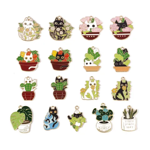 Legering Kat en Plant Geëmailleerde Druppelolie Hangers DIY Handgemaakte Sieraden Maken Accessoires Ketting Sleutelhanger Charms