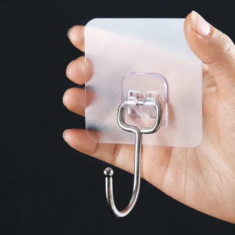 Punch Free Seamless Adhesive Wall Hook Heavy Duty Clear Plastic Utility Hanger For Kitchen Bathroom Home Organization
