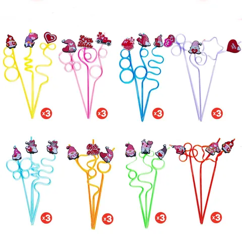 Valentine Day Party Disposable Drinking Straws With Cartoon Resin Charms Shaped Plastic Straws Holiday Decor