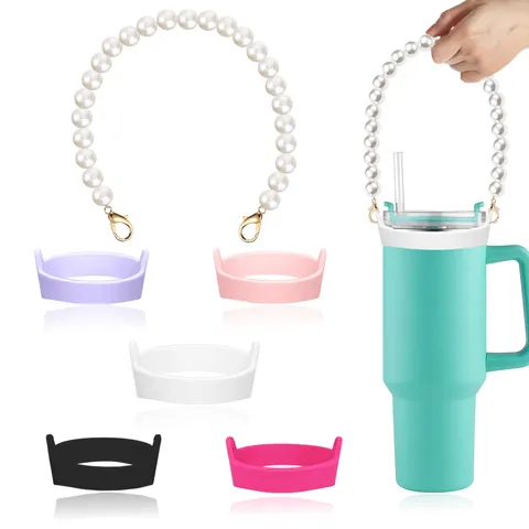 Water Bottle Handle Chain And Silicone Sleeve Set Artificial Pearl Strap Portable Anti Slip Cover For Tumbler Cup