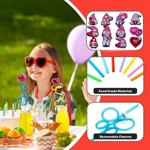 Valentine Day Party Disposable Drinking Straws With Cartoon Resin Charms Shaped Plastic Straws Holiday Decor