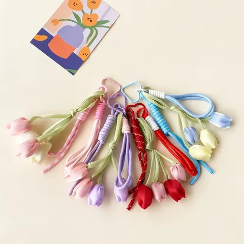 Süßer Tulpenblumen Schlüsselanhänger Stoff Geflochtenes Seil Taschenanhänger Blumen Schlüsselring Damen Taschenzubehör