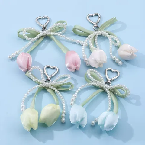 Cute Pearl Bow Tulip Phone Chain Bag Hanging Ornament Ins Style Sweet Ribbon Alloy Keychains Fashion Jewelry Gift