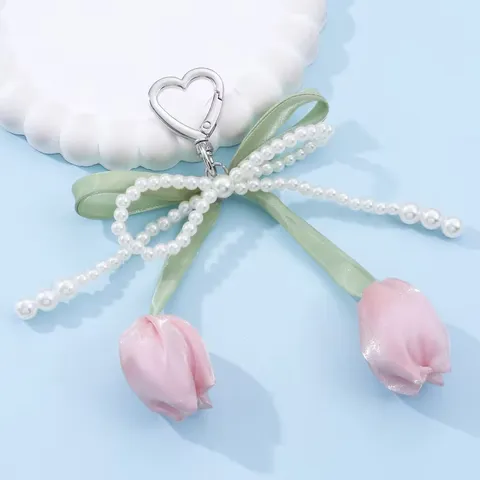 Cute Pearl Bow Tulip Phone Chain Bag Hanging Ornament Ins Style Sweet Ribbon Alloy Keychains Fashion Jewelry Gift