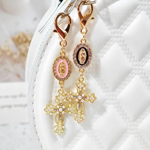 Alloy Rhinestone Cross Madonna Pendant Keychain Creative DIY Faith Bag Charm Vintage Key Ring Gift