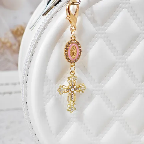 Alloy Rhinestone Cross Madonna Pendant Keychain Creative DIY Faith Bag Charm Vintage Key Ring Gift