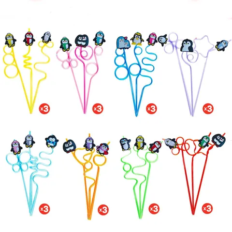 Cute Cartoon Penguin Straws Reusable Plastic Drinking Straws With Removable Charms Party Supplies Decorative Drinkware