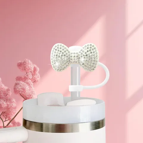Rhinestone Bow Straw Cover Dust Plug Silicone Straw Cap Reusable Drinking Straw Accessories For Tumblers Cup Decor