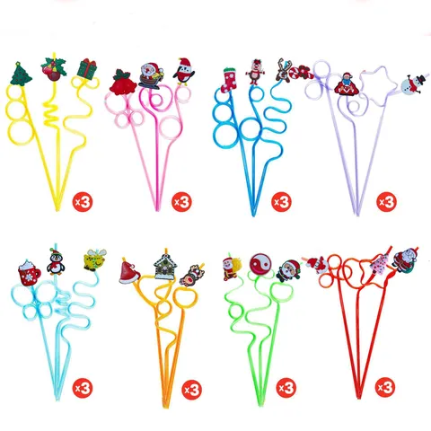 Christmas Cartoon Drinking Straws Party Decorative Plastic Straws With Removable Holiday Charms Festive Drinkware