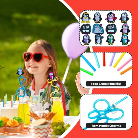 Cute Cartoon Penguin Straws Reusable Plastic Drinking Straws With Removable Charms Party Supplies Decorative Drinkware
