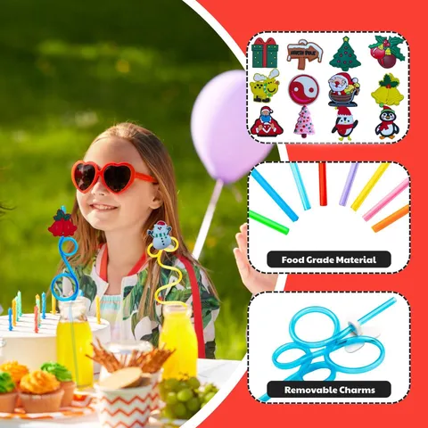 Christmas Cartoon Drinking Straws Party Decorative Plastic Straws With Removable Holiday Charms Festive Drinkware