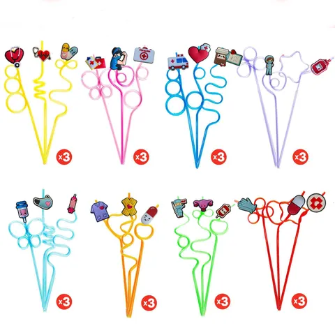 Creative Medical Theme Plastic Drinking Straws Set With Cartoon Nurse Pill Charms Reusable Party Straws For Drinks