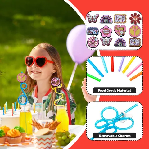 Creative Cartoon Peace Sign Plastic Drinking Straws For Birthday Party Decorative Drinkware Beverage Accessories